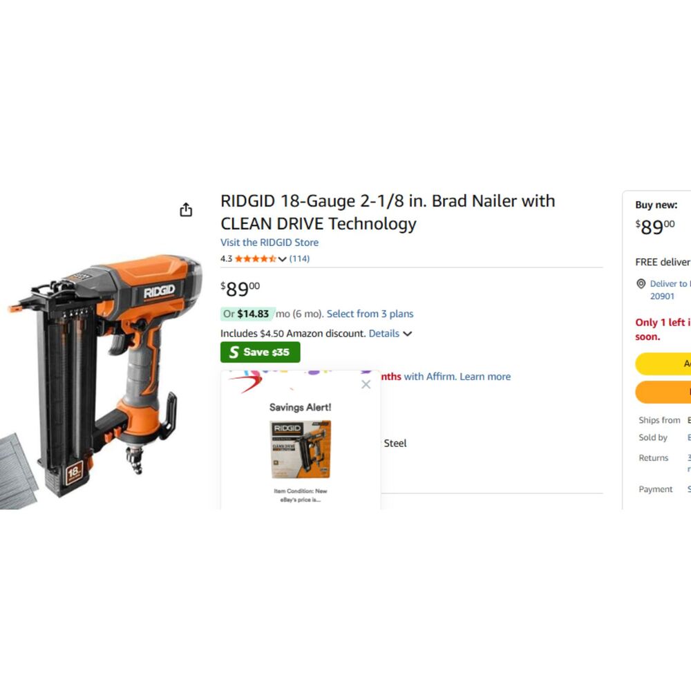 NEW - RIDGID 18-Gauge 2-1/8" Brad Nailer with CLEAN DRIVE Tech
